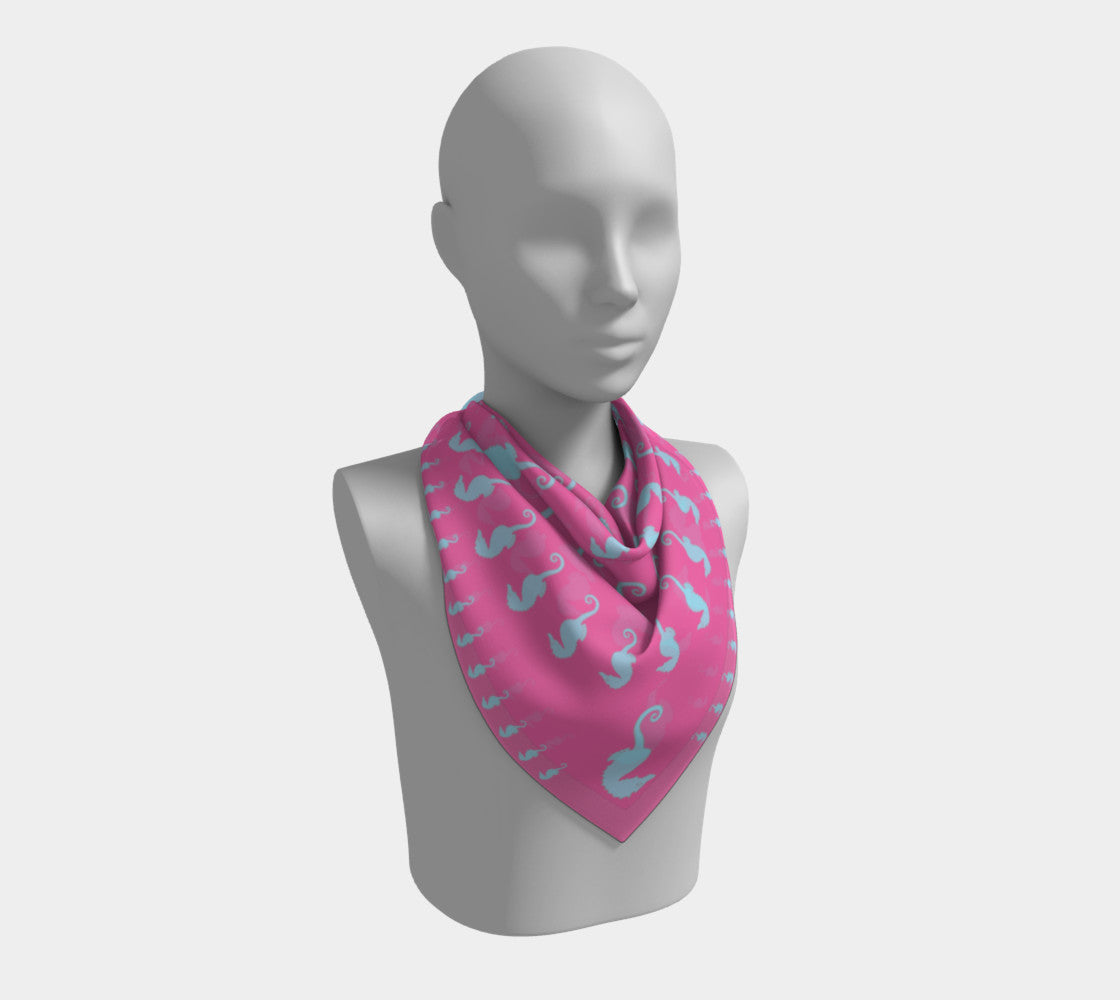 Seahorse Square Scarf - Light Blue on Pink - SummerTies