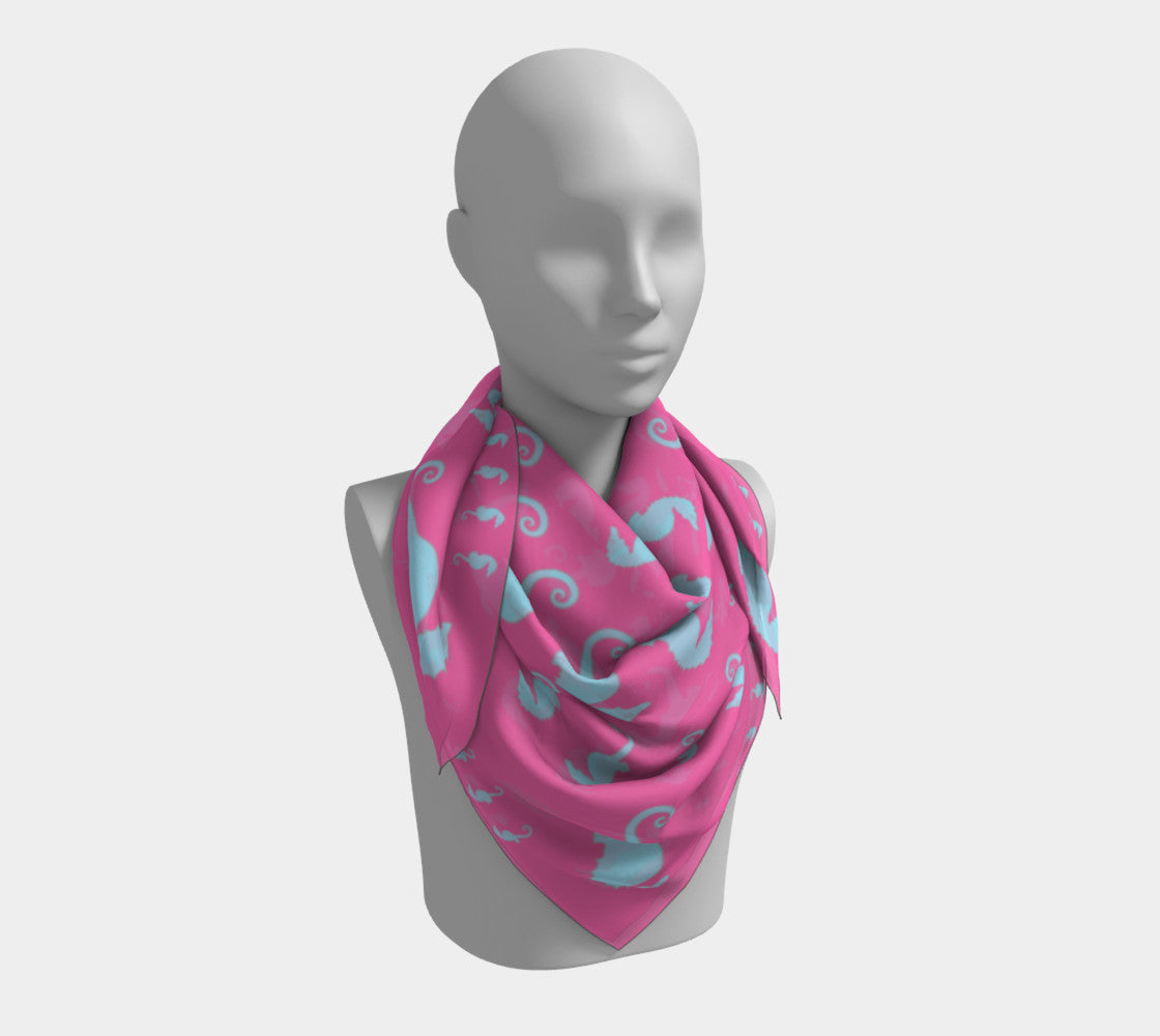 Seahorse Square Scarf - Light Blue on Pink - SummerTies