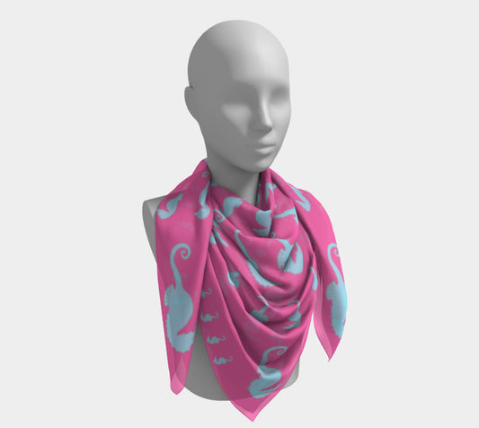 Seahorse Square Scarf - Light Blue on Pink - SummerTies