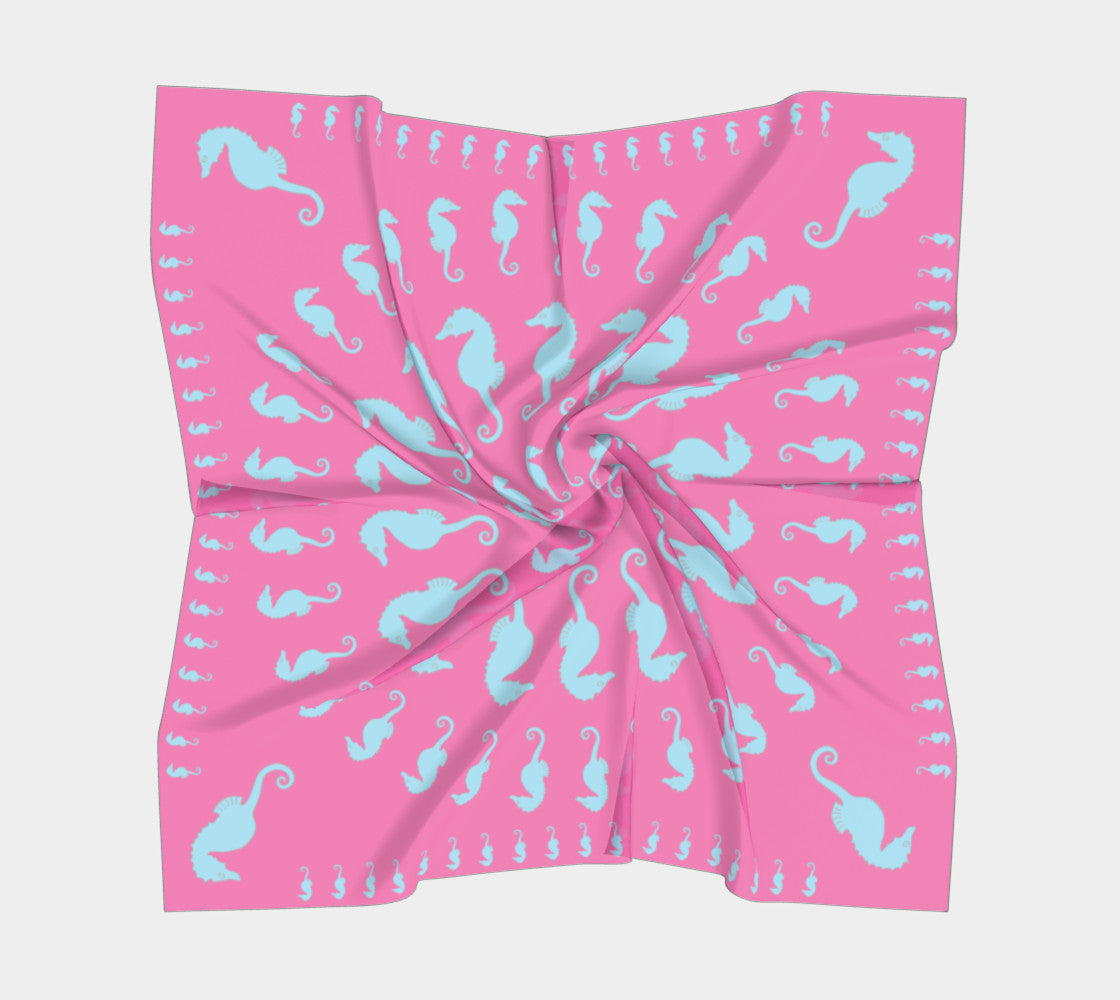 Seahorse Square Scarf - Light Blue on Pink - SummerTies