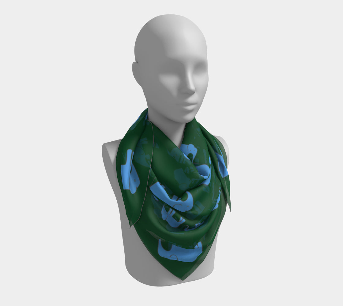Elephant Square Scarf - Blue on Green