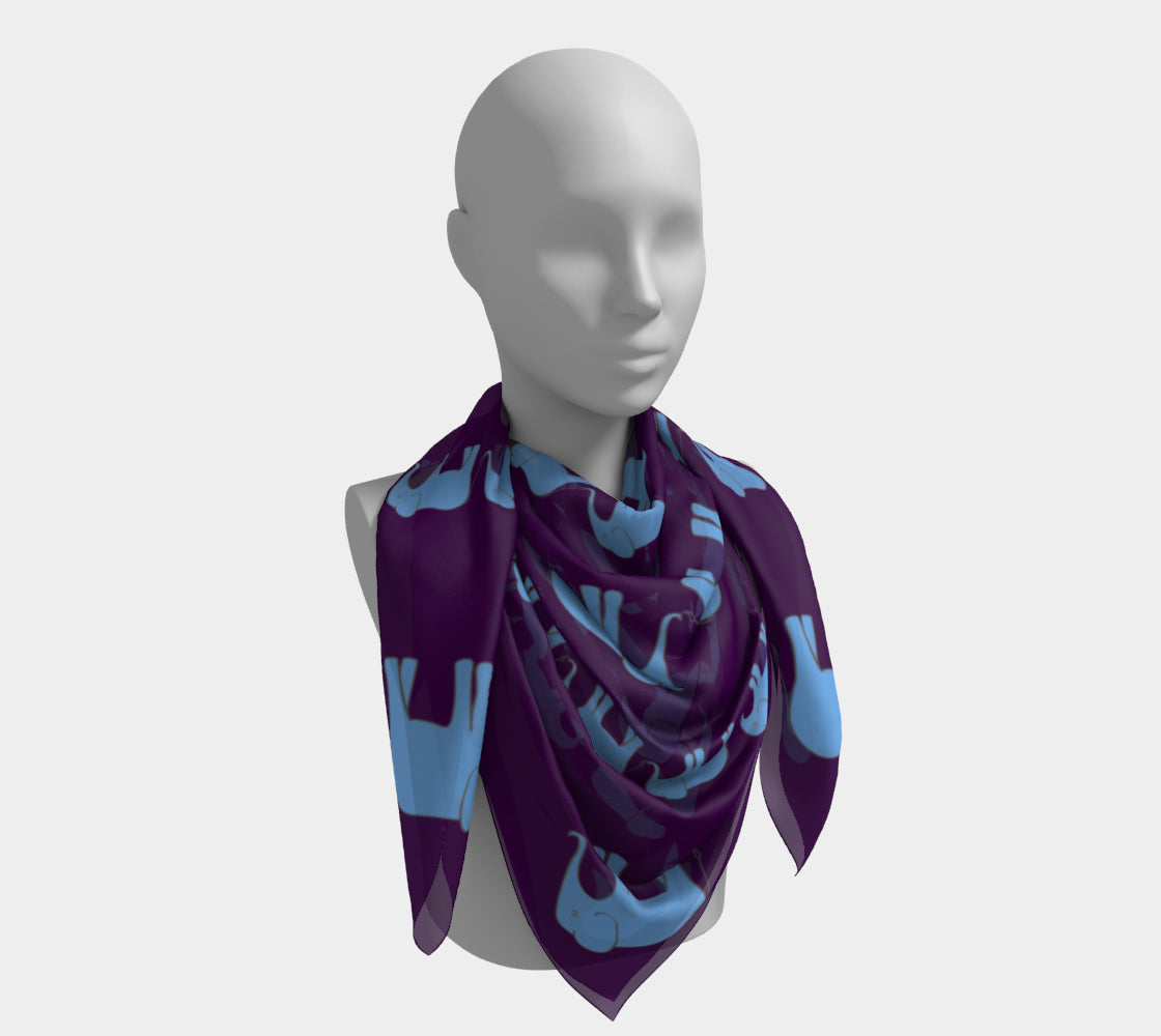 Elephant Square Scarf - Blue on Purple