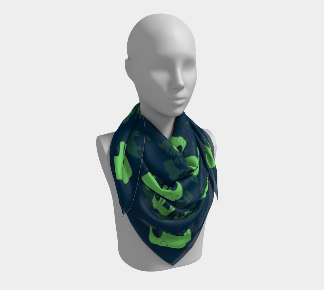 Elephant Square Scarf - Green on Navy