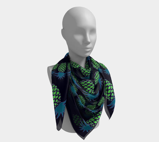 Pineapple Square Scarf - Green & Blue on Dark Navy