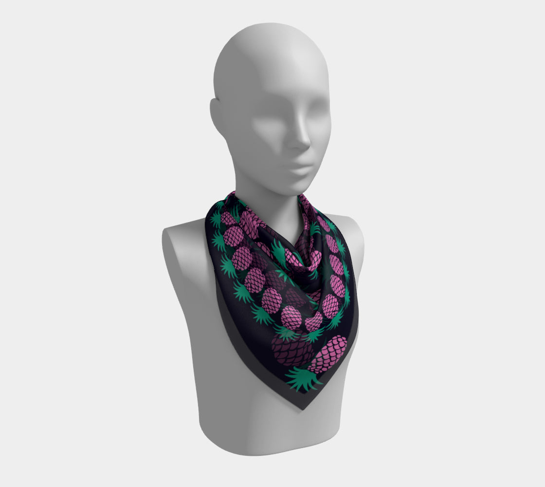 Pineapple Square Scarf - Pink & Green on Dark Navy