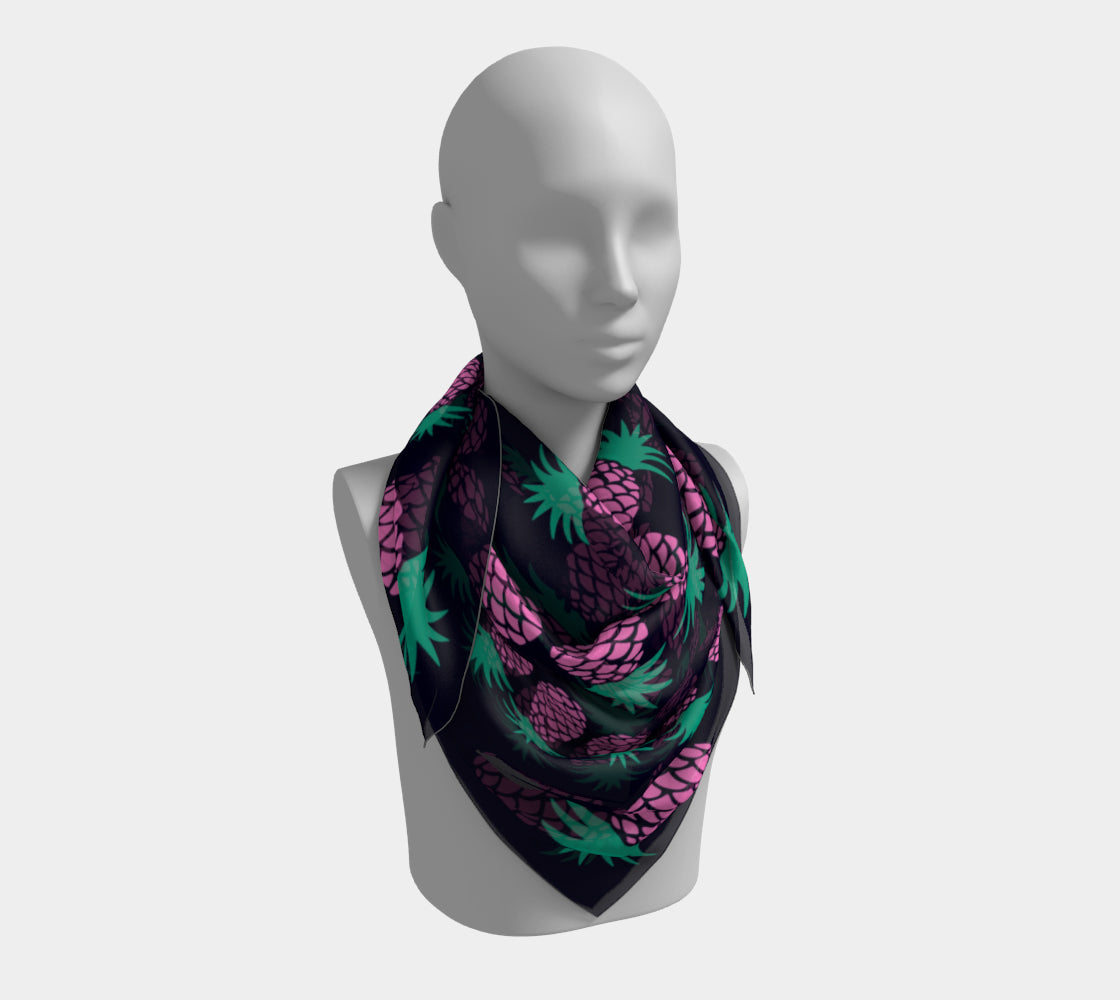 Pineapple Square Scarf - Pink & Green on Dark Navy