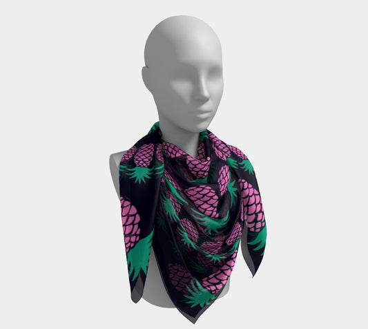 Pineapple Square Scarf - Pink & Green on Dark Navy