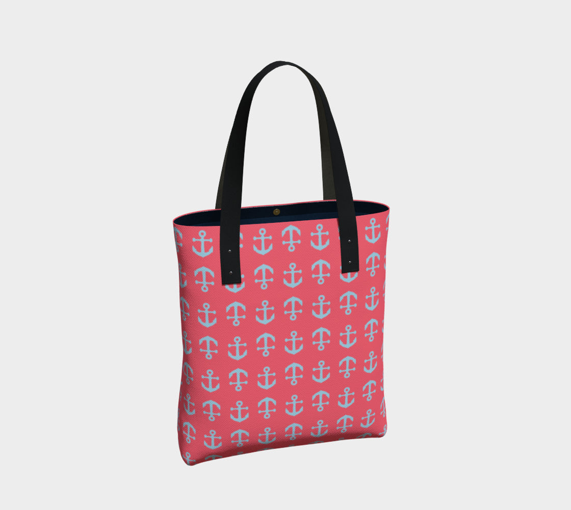 Anchor Toss Tote Bag - Light Blue on Coral - SummerTies