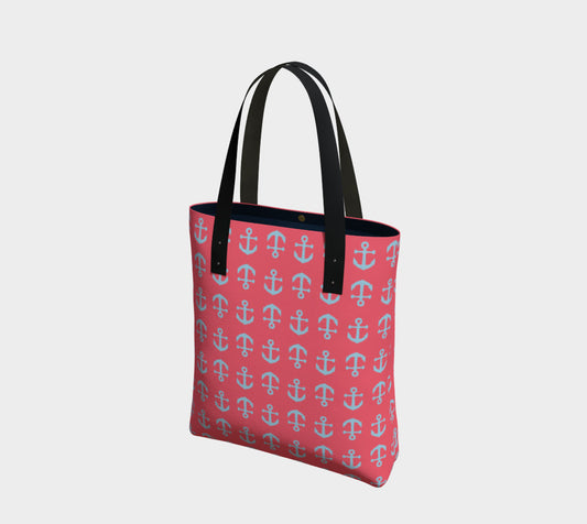 Anchor Toss Tote Bag - Light Blue on Coral - SummerTies