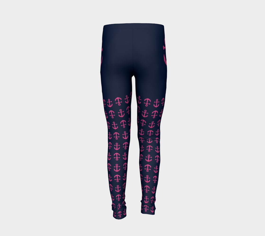 Anchor Legs and Hip Youth Leggings - Pink on Navy - SummerTies