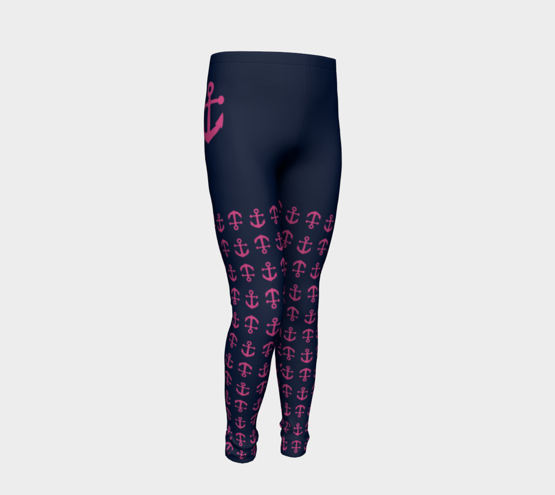 Anchor Legs and Hip Youth Leggings - Pink on Navy - SummerTies