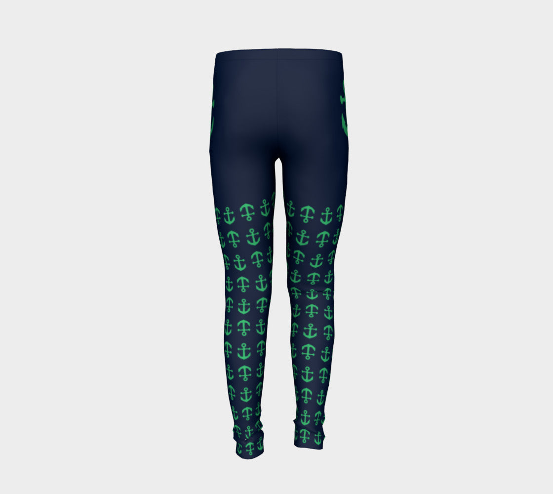 Anchor Legs and Hip Youth Leggings - Green on Navy - SummerTies