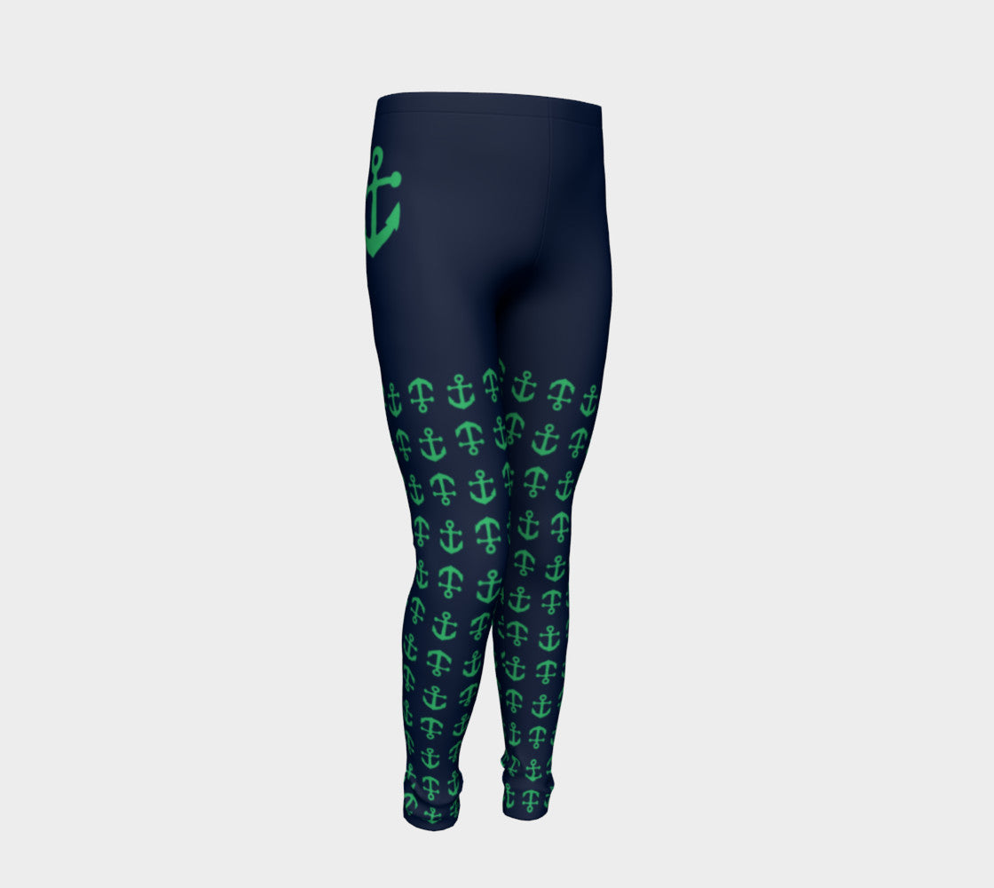 Anchor Legs and Hip Youth Leggings - Green on Navy - SummerTies
