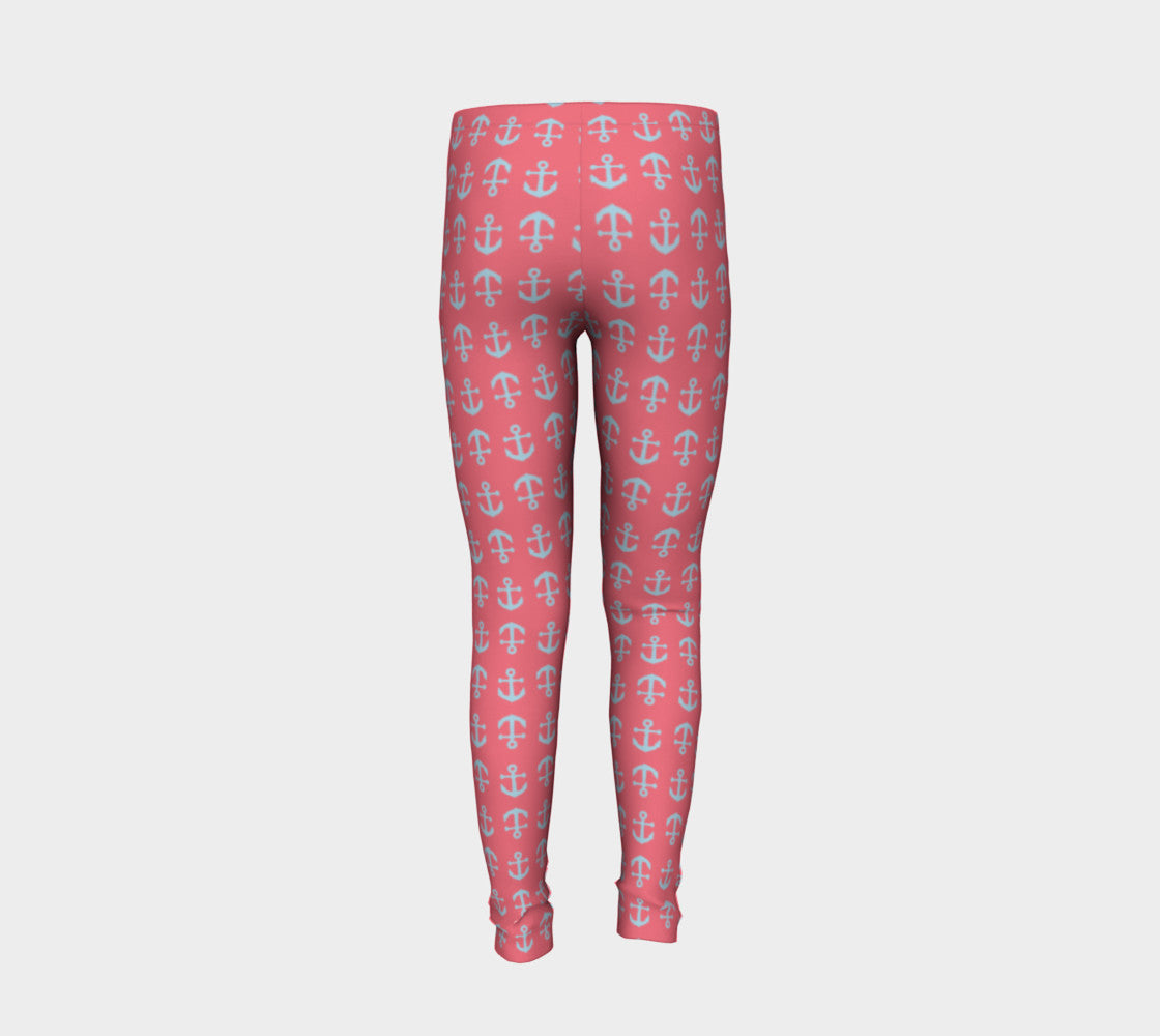 Anchor Toss Youth Leggings - Light Blue on Coral - SummerTies