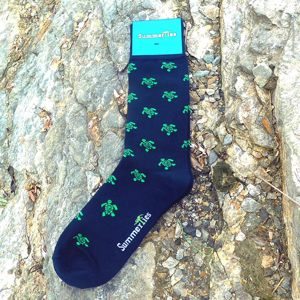 Turtle Socks - Men's Mid Calf - Green on Navy - SummerTies
