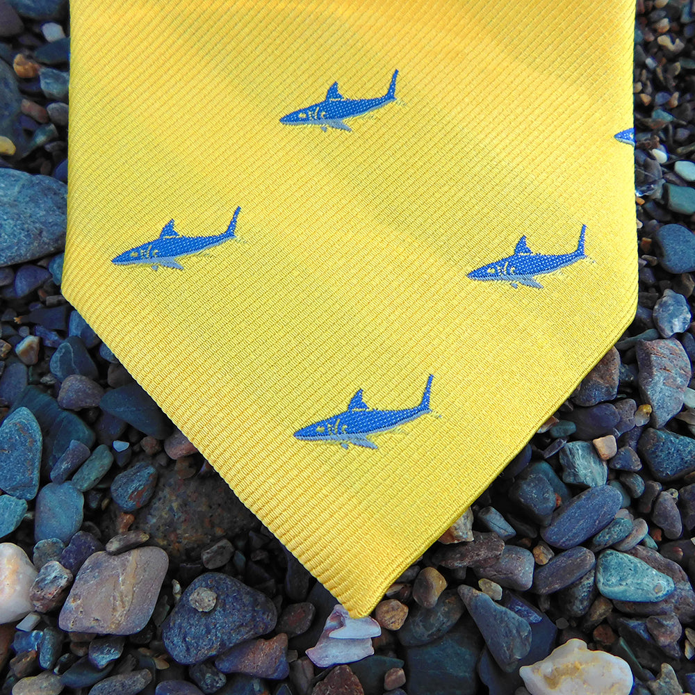 Shark Necktie - Blue on Yellow, Woven Silk - SummerTies