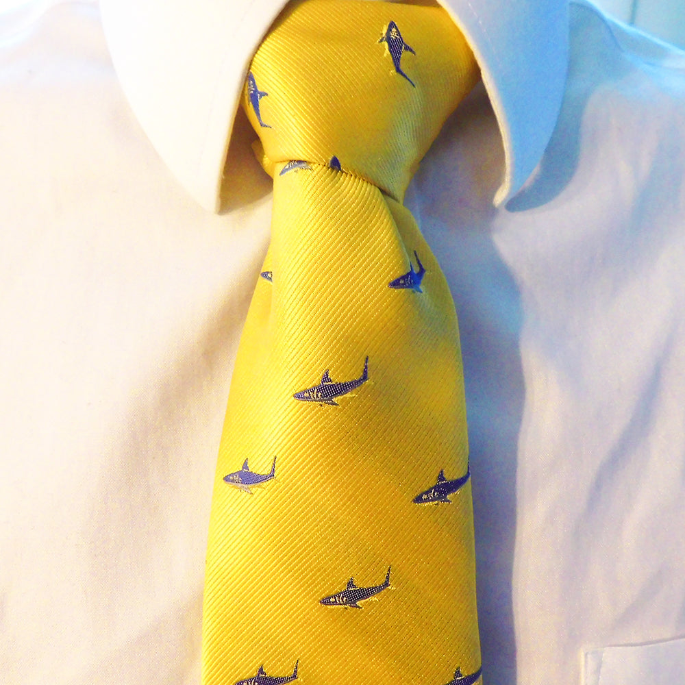 Shark Necktie - Blue on Yellow, Woven Silk - SummerTies